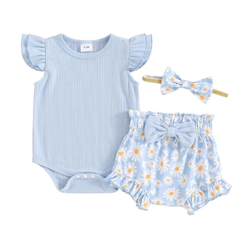 Belle Baby Ribbed Romper Daisy Set Blue