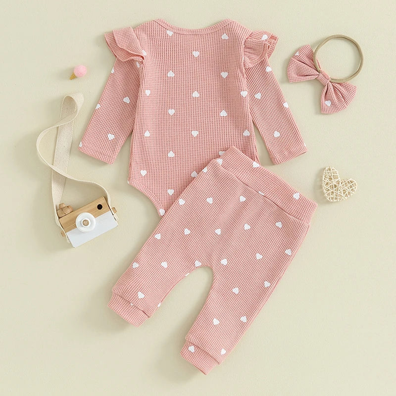 Heart Ribbed Flutter Romper Set Pink