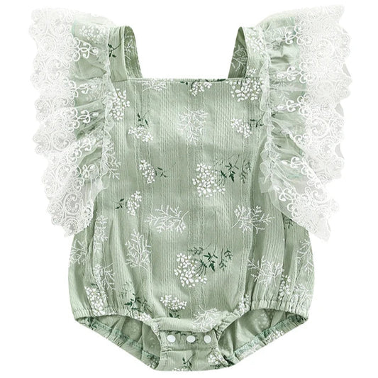 Amy Floral Lace Baby Romper Green