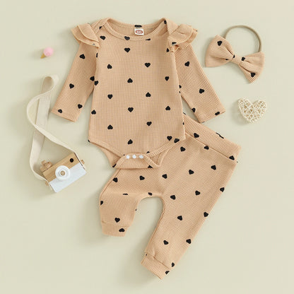 Heart Ribbed Flutter Romper Set Beige