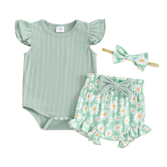 Belle Baby Ribbed Romper Daisy Set Green