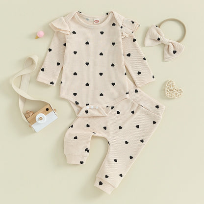 Heart Ribbed Flutter Romper Set Cream