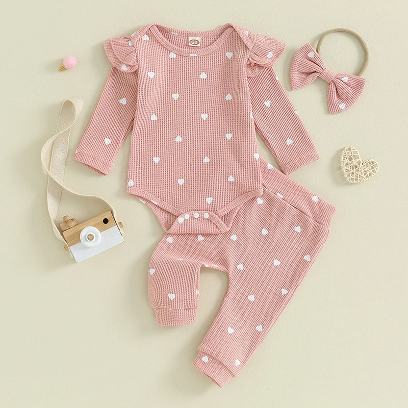 Heart Ribbed Flutter Romper Set Pink
