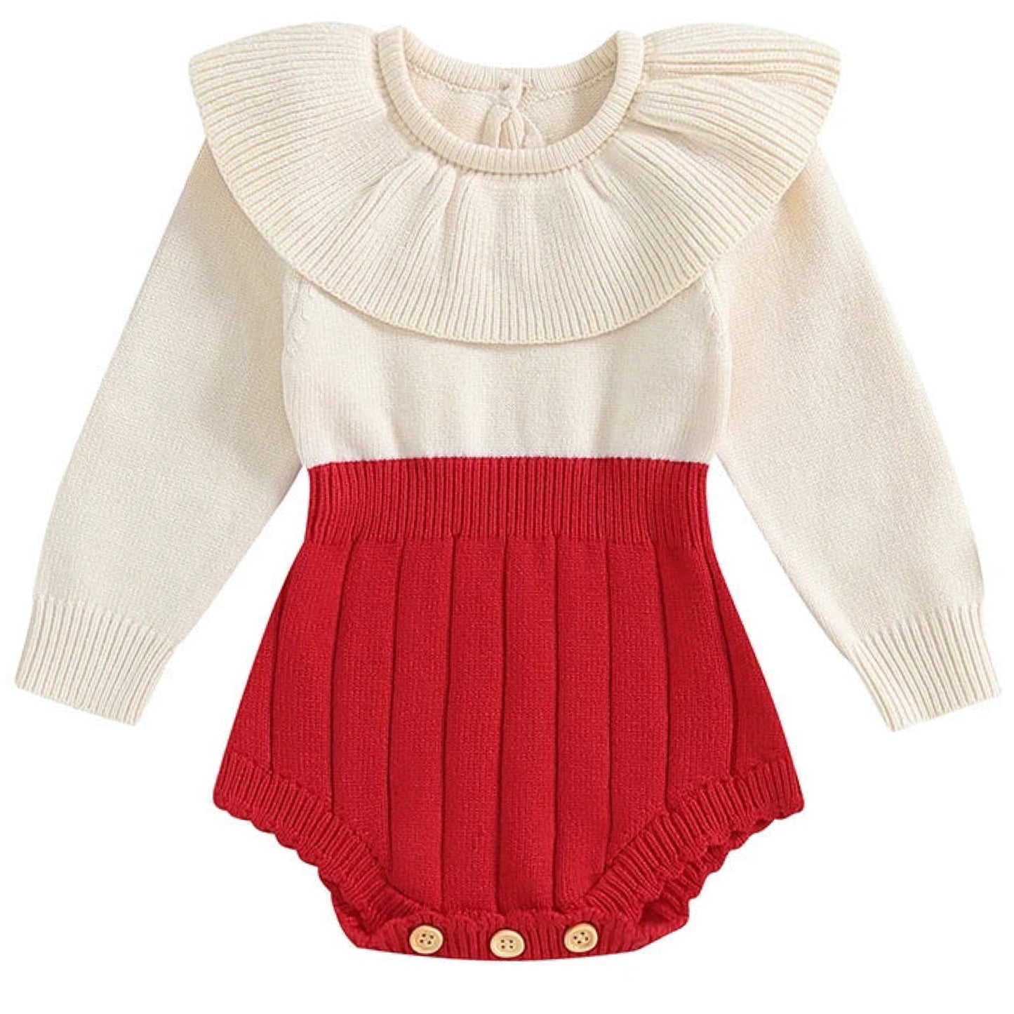 Red and cream knit romper for baby girls – long sleeve with collar and snap buttons by Pipp & Lola