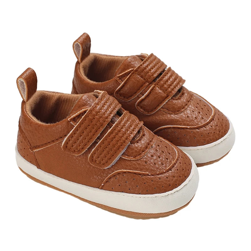 Tan baby shoes with velcro straps – neutral style for boys and girls by Pipp & Lola