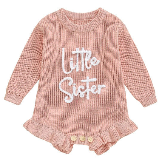 Apricot knitted baby girl romper with “Little Sister” embroidery