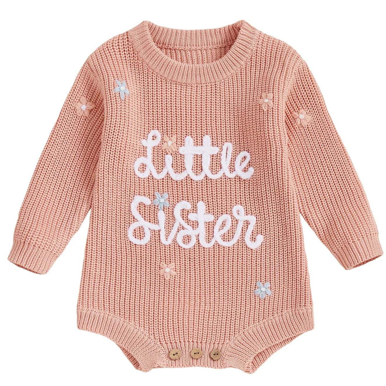 Apricot baby girl knit romper with Little Sister embroidery