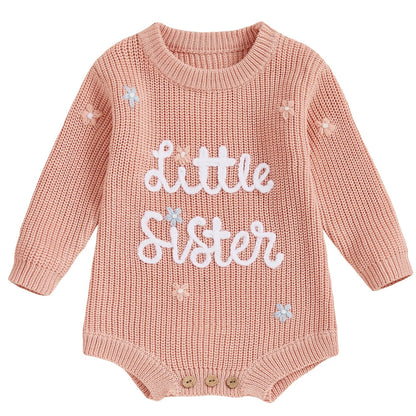 Apricot baby girl knit romper with Little Sister embroidery