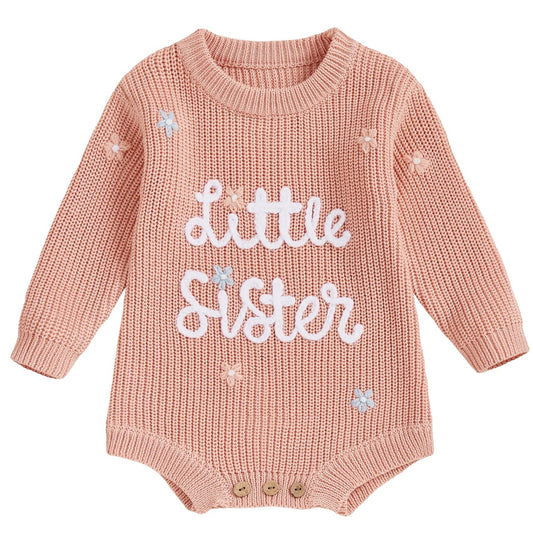 Apricot baby girl knit romper with Little Sister embroidery
