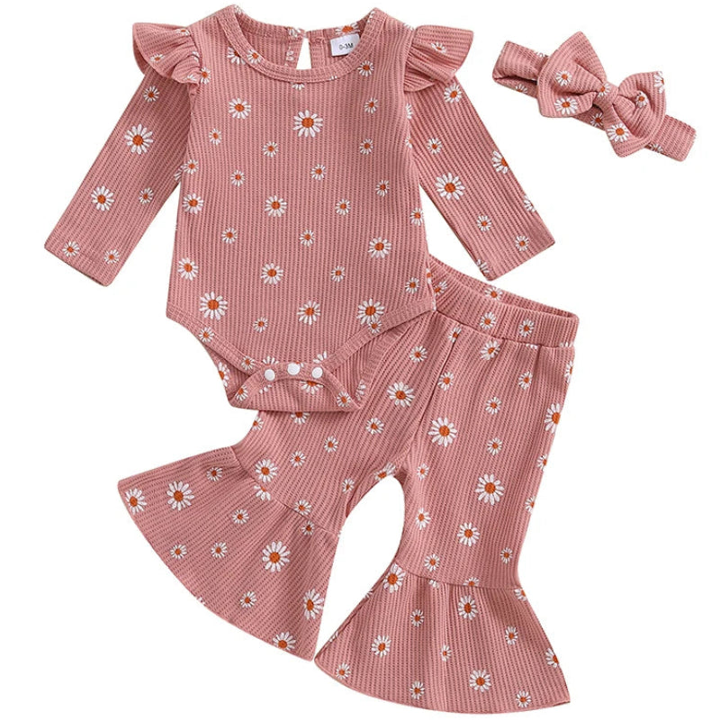 Baby girl waffle cotton romper and flared pants set with bow headband
