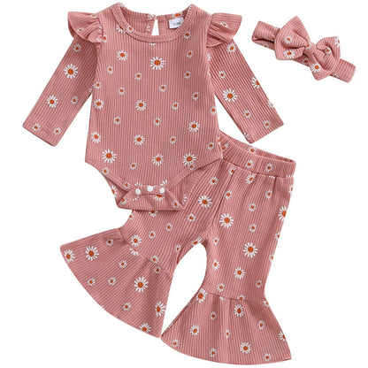Baby girl waffle cotton romper and flared pants set with bow headband
