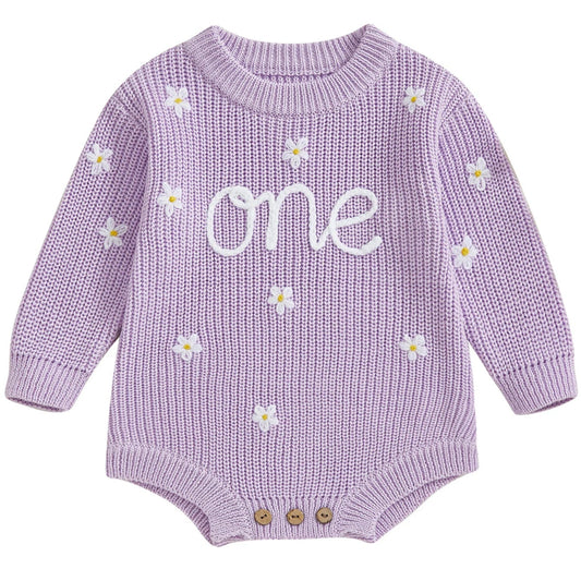1st birthday baby outfit in purple knit