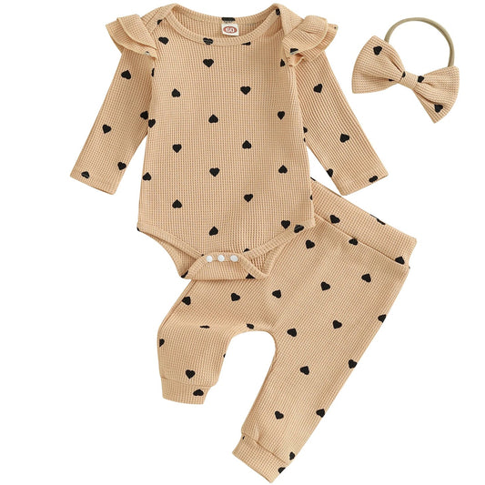 Baby girl beige waffle flutter romper and leggings set with hearts