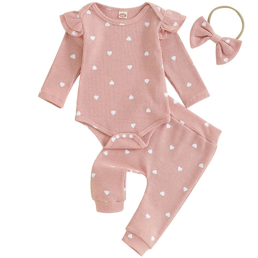 Pipp & Lola pink baby girl flutter romper and leggings set with hearts and matching bow
