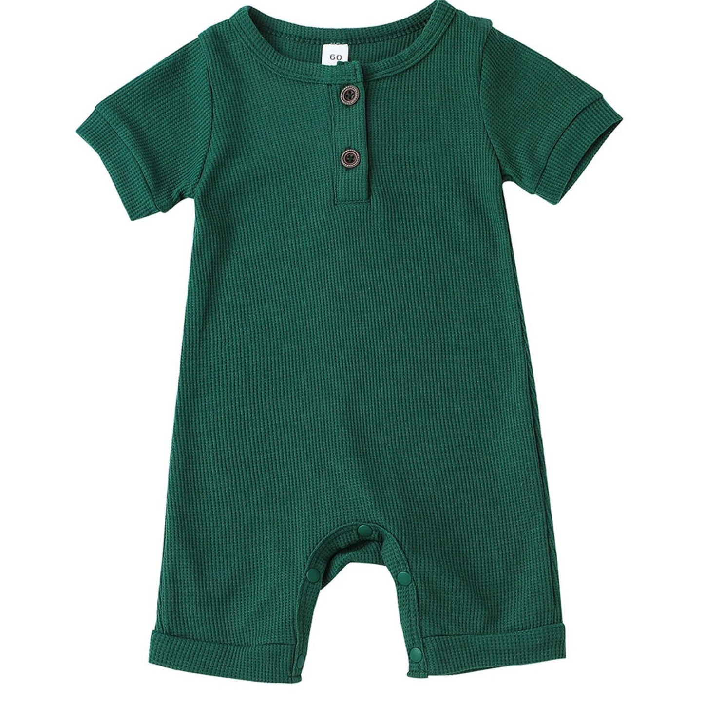 Green waffle romper for baby with front buttons – soft cotton blend