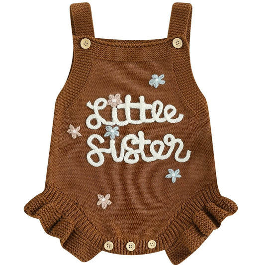 Brown baby romper with Little Sister embroidered text