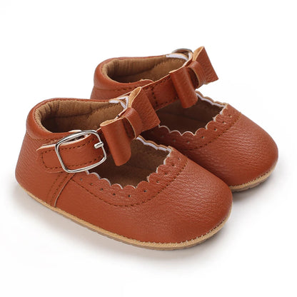 brown baby shoes with bow and Velcro for baby girls