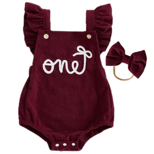 Burgundy baby girl “ONE” romper with headband