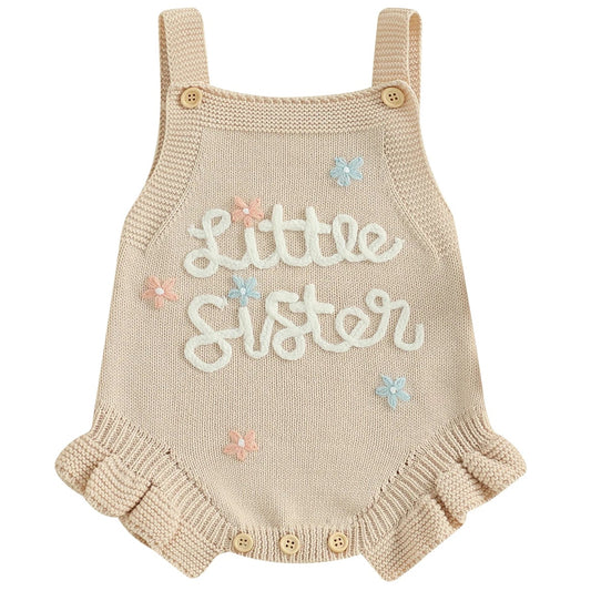 Cream knit romper for baby girl with Little Sister embroidery