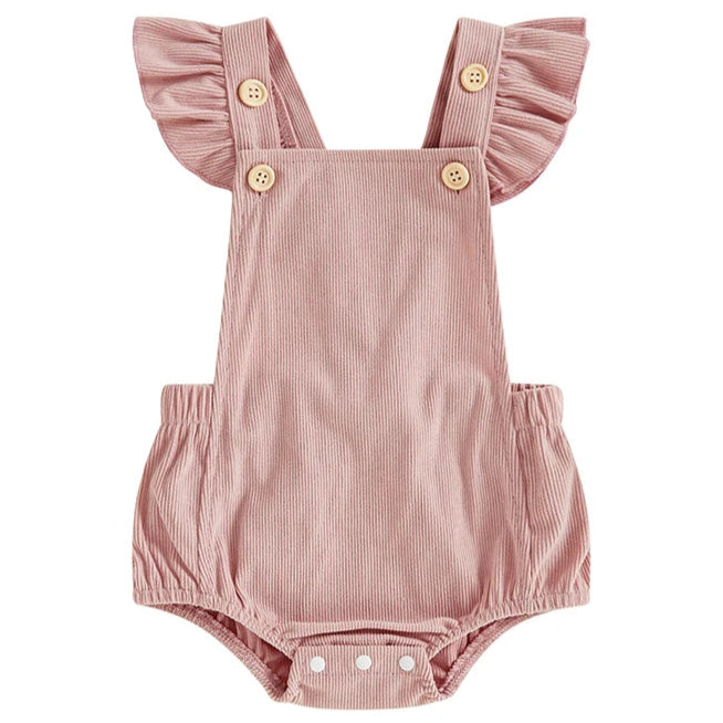 Pink baby girl cord romper with flutter sleeves