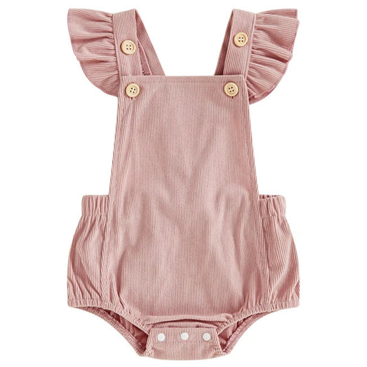 Pink baby girl cord romper with flutter sleeves