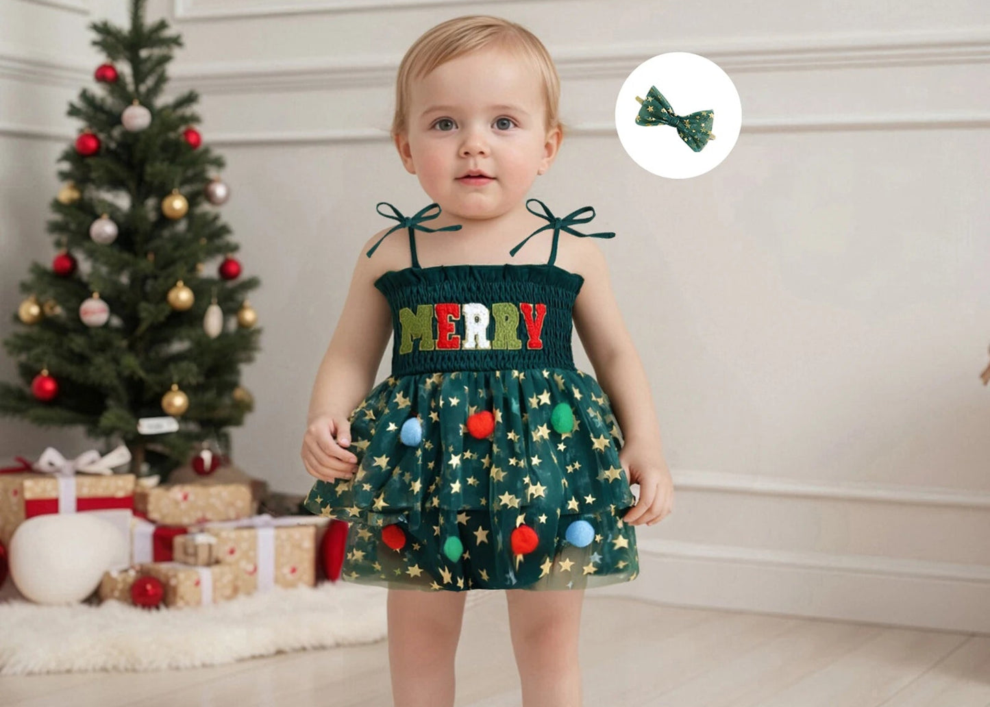 Green baby girl Christmas tutu romper with Merry text