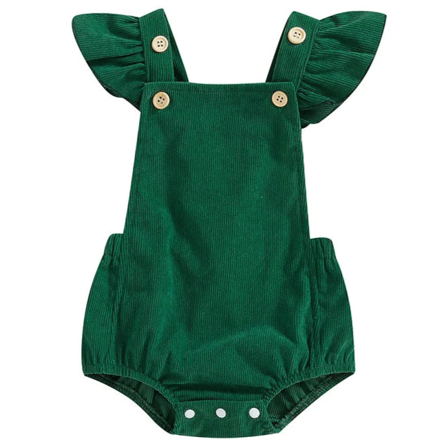 Green baby girl cord romper with flutter sleeves