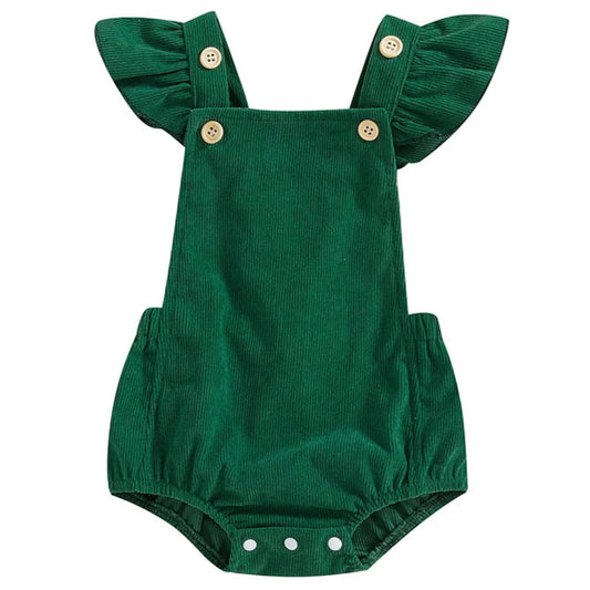Green baby girl cord romper with flutter sleeves