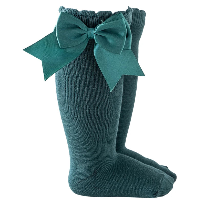 Green baby girl knee-high socks with silk bows