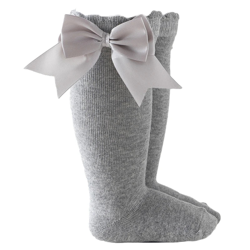 Grey baby girl knee-high socks with silk bows