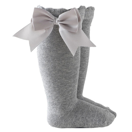 Grey baby girl knee-high socks with silk bows