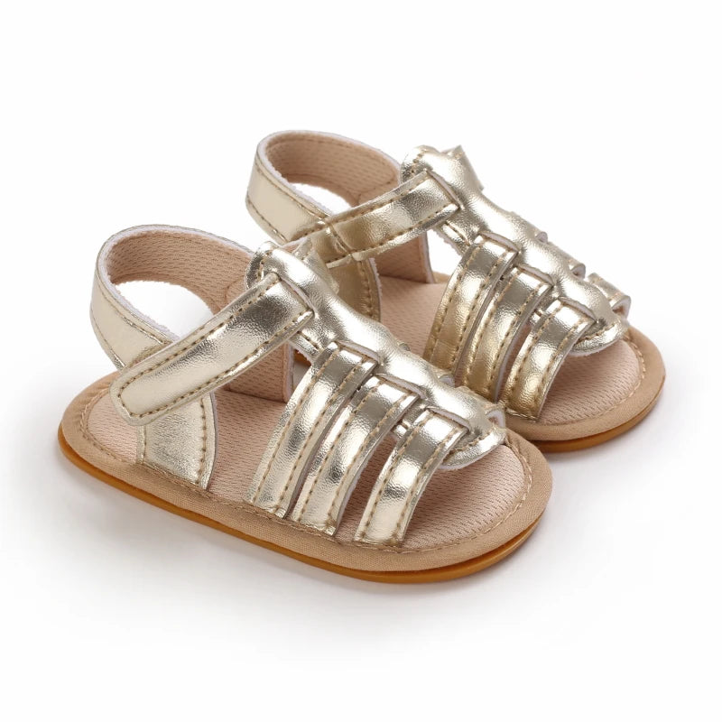 Gold Marlow baby fisherman sandals featuring woven-style straps, flexible soles and adjustable Velcro fastening | Pipp & Lola