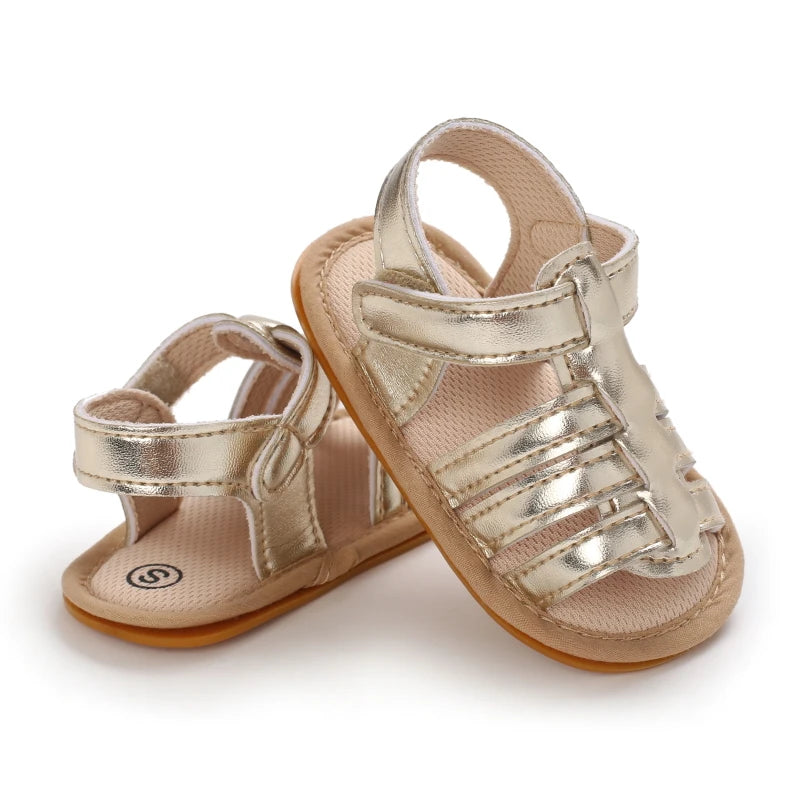 Gold Marlow baby fisherman sandals with flexible soles, woven-style design and adjustable Velcro straps | Pipp & Lola
