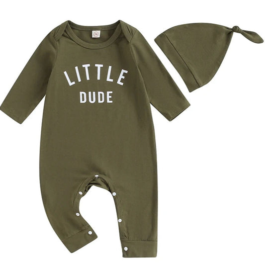 Olive baby boy romper with “Little Dude” in white print