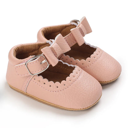 pink baby girl Mary Jane shoes with faux buckle and bow