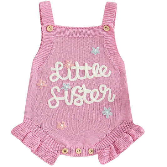 Pink baby knit romper with Little Sister embroidery