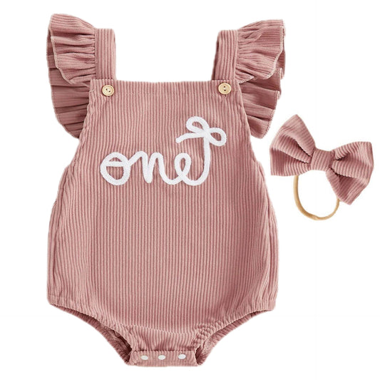 Pink baby girl “ONE” romper with matching headband