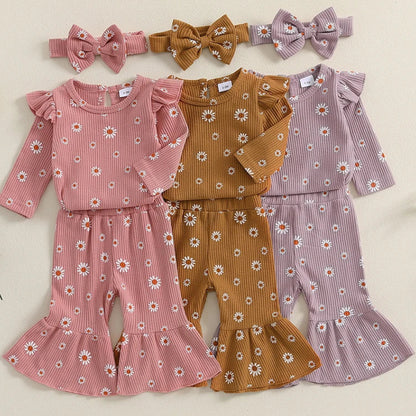 Pipp & Lola daisy waffle cotton baby girl romper and flare pant sets in pink, brown and lilac