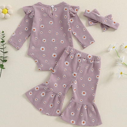 Pipp & Lola lilac daisy waffle cotton baby girl romper and flare pant set with matching bow