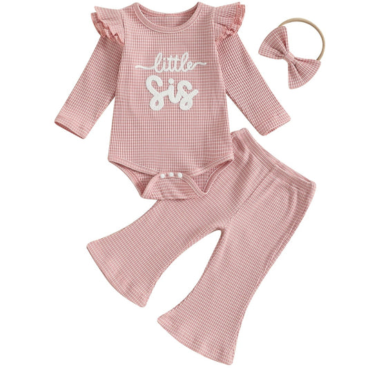 Pipp & Lola Little Sis waffle cotton baby girl flare set with bow headband
