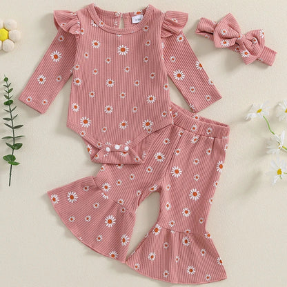 Pipp & Lola pink daisy waffle cotton baby girl romper and flare pant set with bow headband