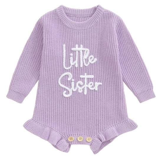 Purple knitted baby girl romper with white “Little Sister” embroidery