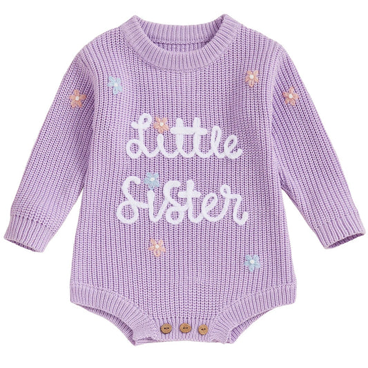 Purple baby girl romper with Little Sister text
