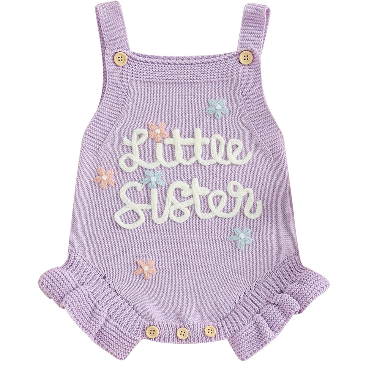 Purple knit romper with Little Sister text