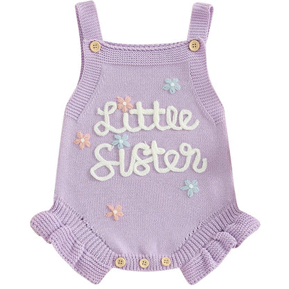 Purple knit romper with Little Sister text