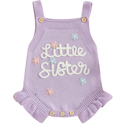 Purple knit romper with Little Sister text