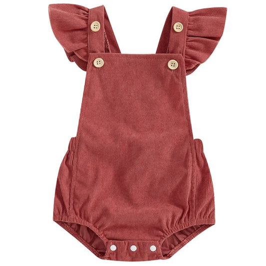 Ruby red baby girl cord romper with flutter sleeves
