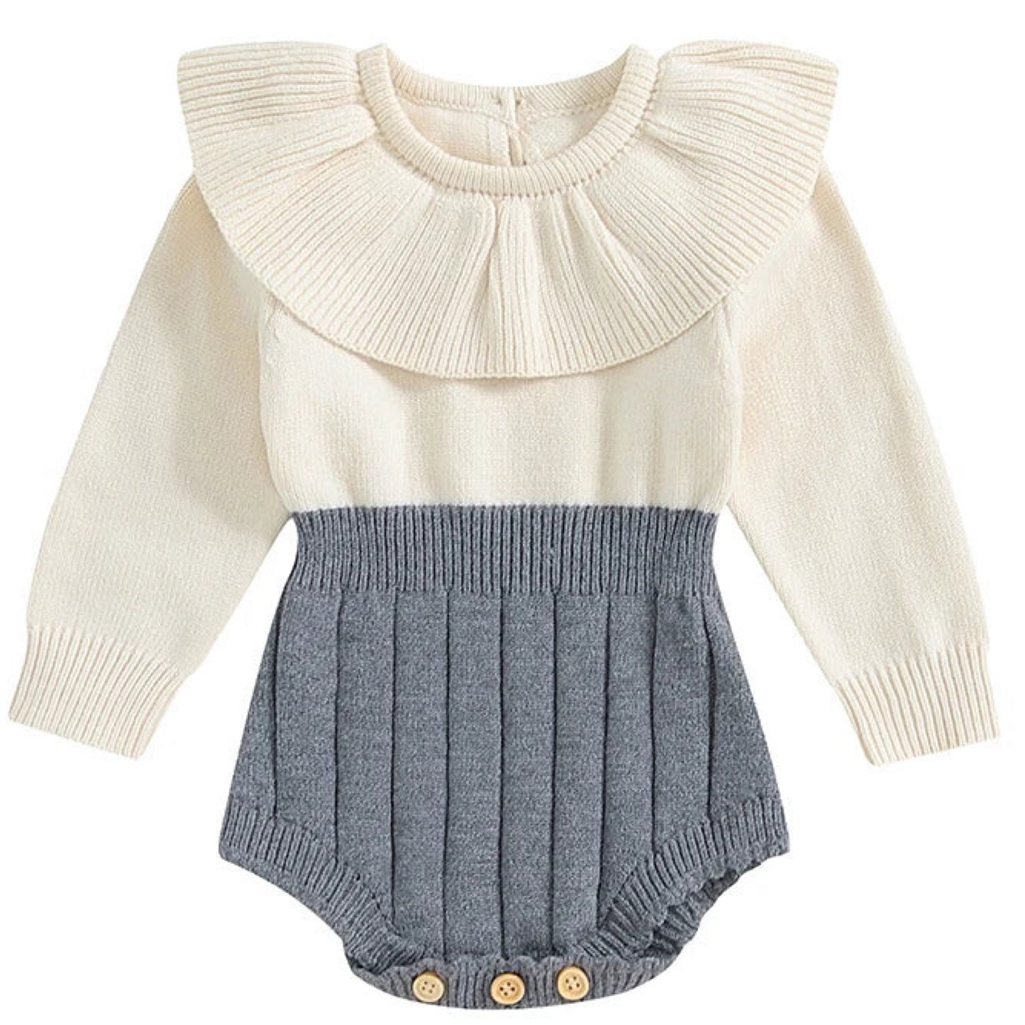 Grey and cream long sleeve knit romper with collar – cosy baby girl outfit by Pipp & Lola
