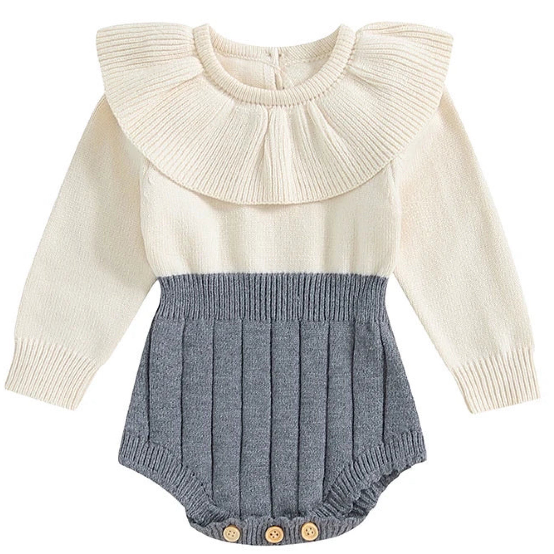 Grey and cream long sleeve knit romper with collar – cosy baby girl outfit by Pipp & Lola