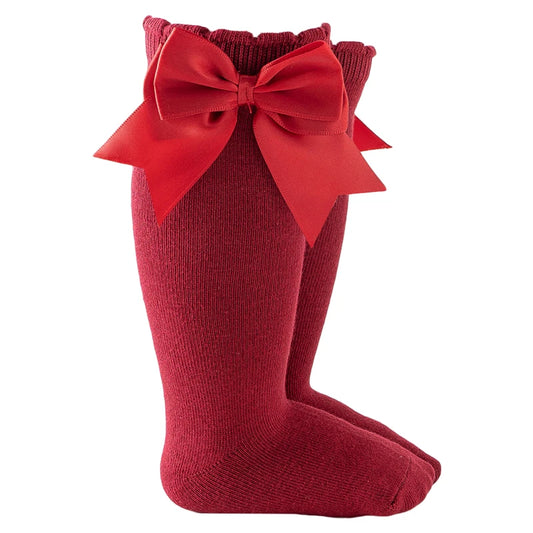 Ruby red baby girl knee-high socks with silk bows